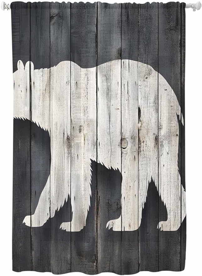 Sheer Curtains 72 Inches Long, White Brown Bear Semi Sheer Curtains Light Filtering Window Treatment, Rustic Counrty Vintage Wood Grain Privacy Voile Drapes for Living Room Bedroom 52x72 Inch