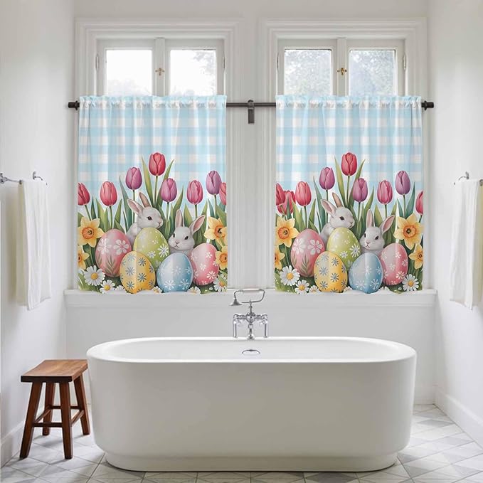 Easter Kitchen Curtains 45 Inch Long 2 Panel Set,Rod Pocket Window Treatment,Spring Bunny Colorful Eggs Tulip Flowers Blue Check Light Filtering Short Curtains & Drapes Laundry 52"W x 45"L