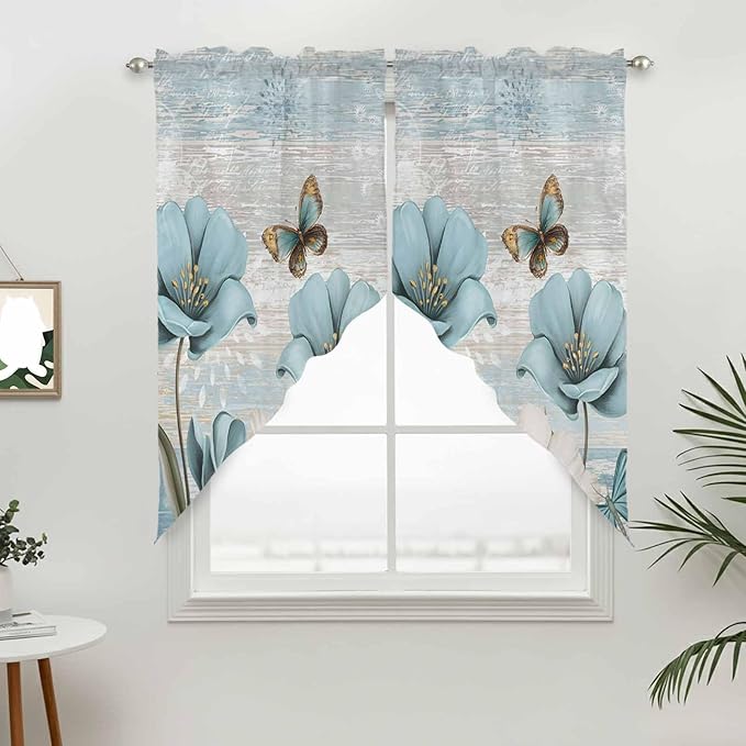 Spring Floral Swag Valances for Windows, Vintage Tulips Flower Butterfly Retro Wood Blue Rod Pocket Kitchen Curtains Valance, Small Window Curtains Swag for Cafe Living Room, 2 Panels, 28x36 inch