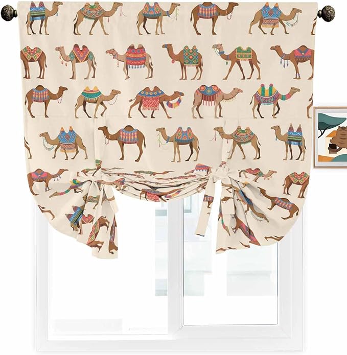 Tie Up Curtains for Windows, Summer Camels Adjustable Balloon Nature Linen Textured Kitchen Curtain, Farmhouse Retro Cartoon Desert Animals Decorative Tie Up Curtain for Window, 52" x 45"