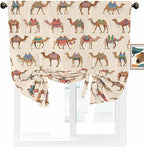Tie Up Curtains for Windows, Summer Camels Adjustable Balloon Nature Linen Textured Kitchen Curtain, Farmhouse Retro Cartoon Desert Animals Decorative Tie Up Curtain for Window, 52" x 45"