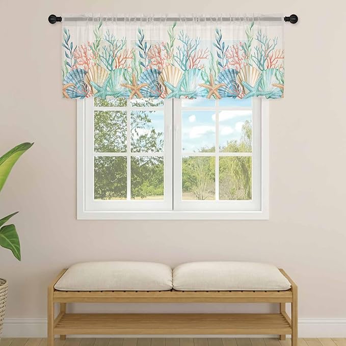 Summer Beach Sheer Valance Curtains, Ocean Colorful Coral Shell Seaweed Starfish Linen Light Filtering Kitchen Valances Rod Pocket Voile Curtain Treatment for Bedroom/Living Room/Basement 42Wx12L