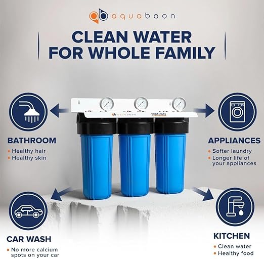 Aquaboon 3-Stage Whole House Water Filtration System with 5 Micron 10x4.5 Reducing Sediment, KDF Heavy Metals and Carbon Chlorine Reduction Water Filter Purification Cartrige, Pressure Gauges, Bracket