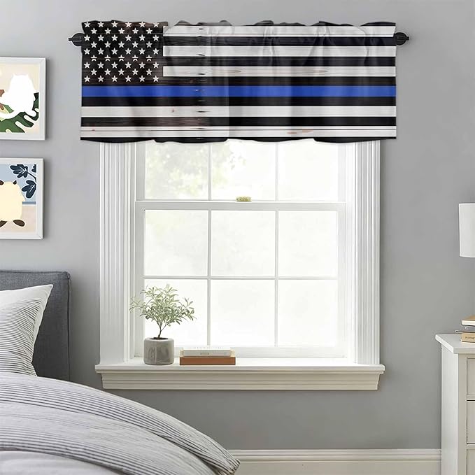 American Flag Valances for Windows, Blue Line Star Black White Stripes Wood Grain Kitchen Valance Light Filtering Rod Pocket Short Curtains for Kitchen Bathroom, 1 Panel, 60"x18"