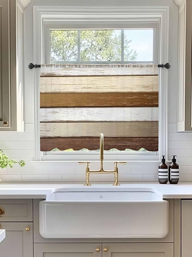 Sheer Curtains 45 Inch Length, Vintage Geometric Brown Semi Sheer Curtains Light Filtering Window Treatment, Farmhouse Country Chic Wood Grain Privacy Voile Drapes for Living Room Bedroom 52x45 Inch