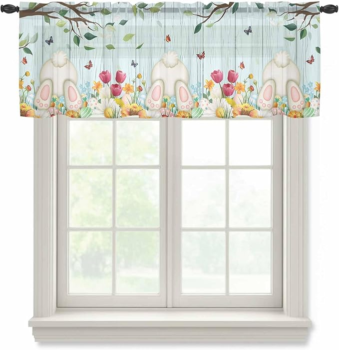 Easter Sheer Valances for Windows 42"x18", Light Filtering Kitchen Curtains Valance, Spring Watercolor Eggs Tulip Wooden Grain Teal Rod Pocket Chiffon Curtains for Living Room Bedroom Cafe