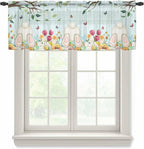 Easter Sheer Valances for Windows 42"x12", Light Filtering Kitchen Curtains Valance, Spring Watercolor Eggs Tulip Wooden Grain Teal Rod Pocket Chiffon Curtains for Living Room Bedroom Cafe