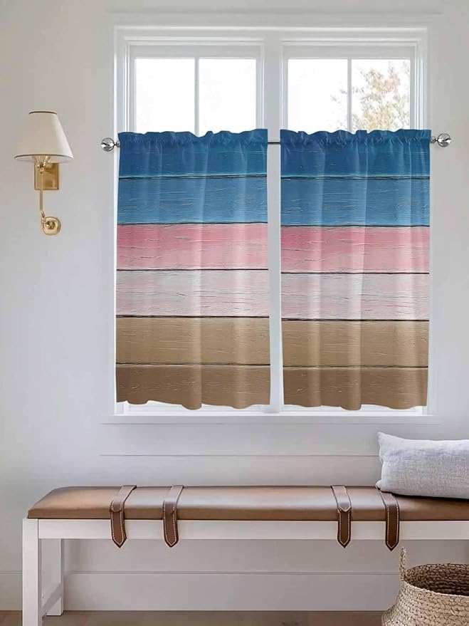 Blue Pink Brown Gradient Wood Grain Window Valance Curtains, Vintage Wood Board Light Filtering Kitchen Valance with 3-inch Rod Pocket for Living Room Bathroom Bedroom,2 Panel,52x45In