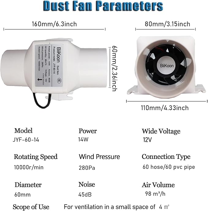 Small Inline Duct Fan 12V 2.36 Inch 60Mm Ventilation Exhaust Booster 14W 58 Cfm Intake Extractor Blower for Carbon Filter Grow Tent Room (Color : NO Adjustable Speed, Size : 14w)