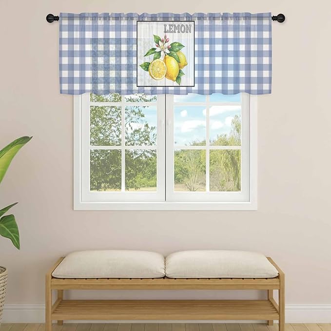 Lemon Sheer Valance Curtains, Summer Fruit Floral Wood Grain Blue Plaid Light Filtering Kitchen Valances Rod Pocket Voile Curtain Window Treatment for Bedroom/Living Room/Basement 54Wx18L