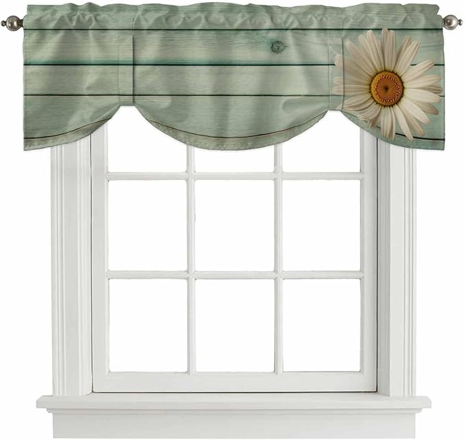 Daisy Flower Tie Up Valance Curtains for Windows, Kitchen Curtains Window Shades, Modern Art Floral Farmhouse Teal Wooden Grain Light Filtering Roman Curtain Valances for Bedroom/Bathroom/Cafe 54"x18"