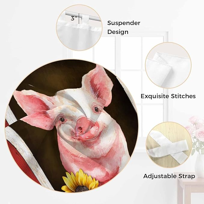 Pigs Sunflowers Living Room Curtains 84 Inch Length, Window Curtains Tab Top, Farmhouse Red Barn Flowers Animals Light Filtering Window Treatments Drapes 52"x84" 2 Panel