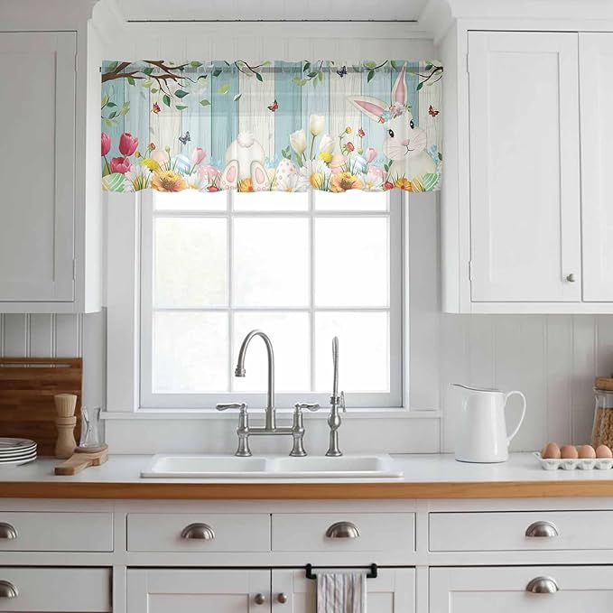 Easter Sheer Valances for Windows 60"x18", Light Filtering Kitchen Curtains Valance, Spring Watercolor Bunny Eggs Tulip Wooden Grain Rod Pocket Chiffon Curtains for Living Room Bedroom Cafe