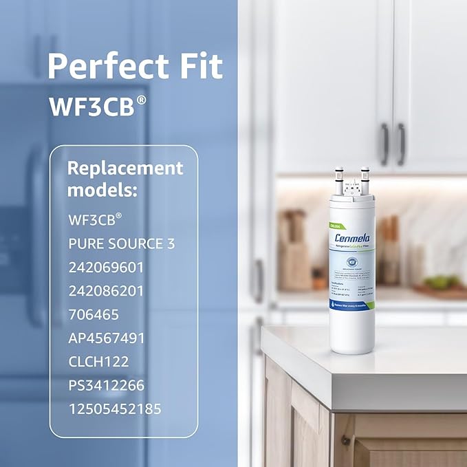 WF3CB Replacement Water Filter, Compatible with Frigidaire WF3CB, Pure Source 3, 706465, 242069601, 242086201, 242017800, WF425, Height 9 inches, Pack of 1