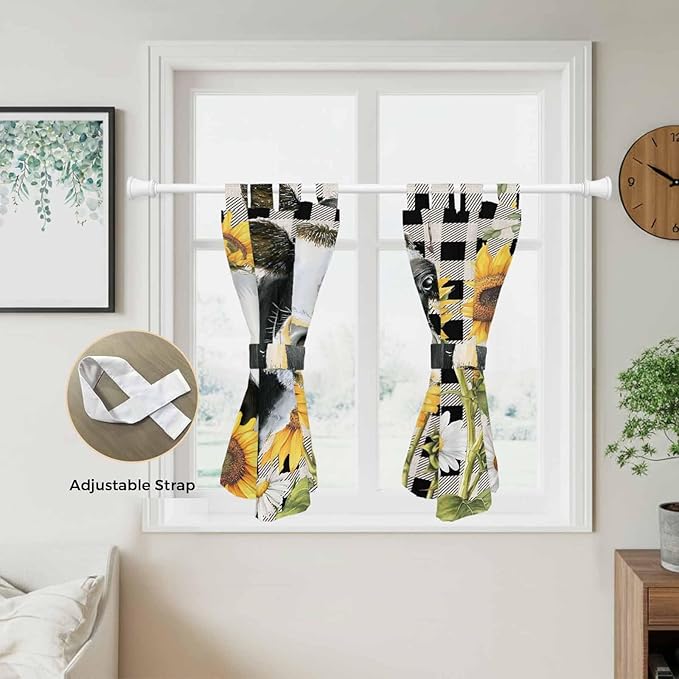 Retro Sunflowers Kitchen Curtains 45 Inch Length, Short Cafe Window Curtains Tab Top, Farmhouse Floral Cow Butterfly Black Plaid Light Filtering Window Treatments Tier Drapes 27.5"x45" 2 Panel