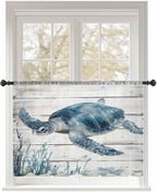 Sheer Curtains 45 Inch Length, Ocean Sea Turtle Semi Sheer Curtains Light Filtering Window Treatment, Coastal Seaweed Vintage Wood Grain Privacy Voile Drapes for Living Room Bedroom 52x45 Inch