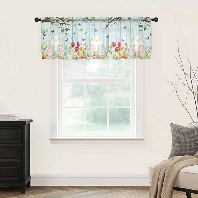 Easter Sheer Valances for Windows 60"x18", Light Filtering Kitchen Curtains Valance, Spring Watercolor Eggs Tulip Wooden Grain Teal Rod Pocket Chiffon Curtains for Living Room Bedroom Cafe