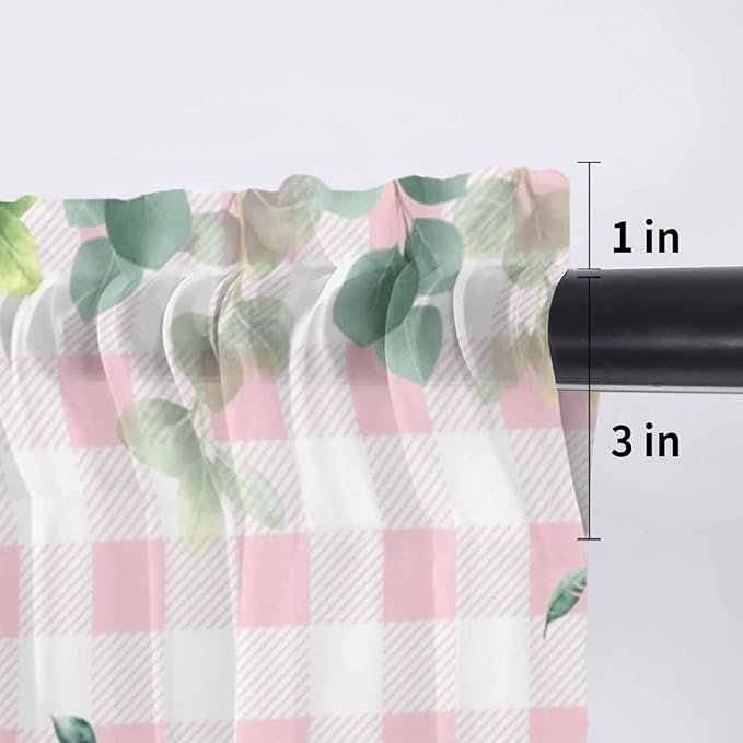 Easter Sheer Valances for Windows 54"x18", Light Filtering Kitchen Curtains Valance, Spring Watercolor Bunny Eggs Flower Leaf Pink Plaid Rod Pocket Chiffon Curtains for Living Room Bedroom Cafe