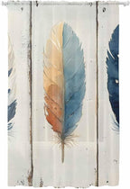 Sheer Curtains 84 Inches Long, Blue Brown Feathers Semi Sheer Curtains Light Filtering Window Treatment, Boho Ombre Vintage Wooden Grain Privacy Voile Drapes for Living Room Bedroom 52x84 Inch