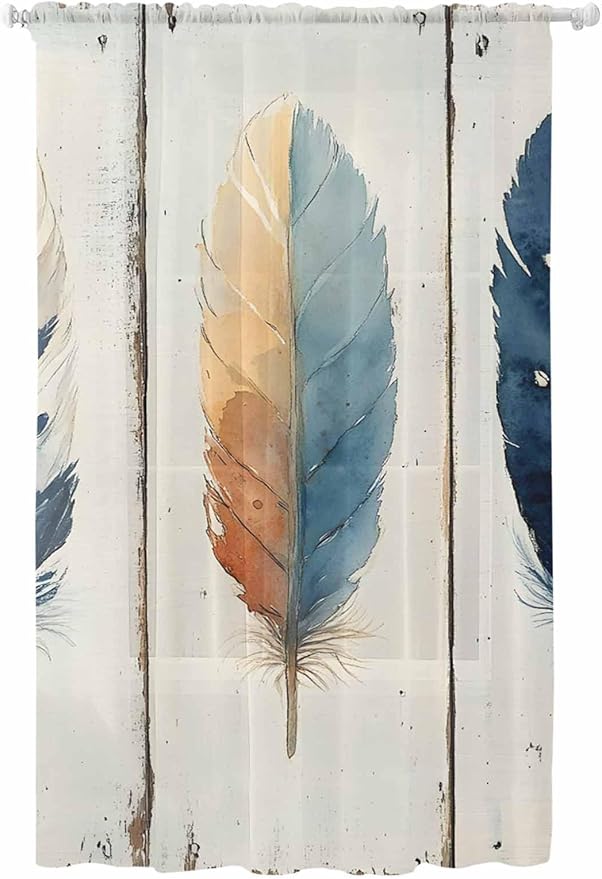 Sheer Curtains 84 Inches Long, Blue Brown Feathers Semi Sheer Curtains Light Filtering Window Treatment, Boho Ombre Vintage Wooden Grain Privacy Voile Drapes for Living Room Bedroom 52x84 Inch