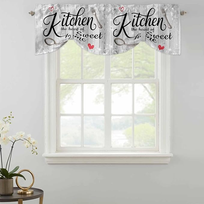 Kitchen Knife Fork Tie Up Valance Curtains for Windows, Kitchen Curtains Window Shades, Vintage Love Heart Grey Wood Grain Light Filtering Roman Curtain Valances for Bedroom/Bathroom/Cafe 54"x18"