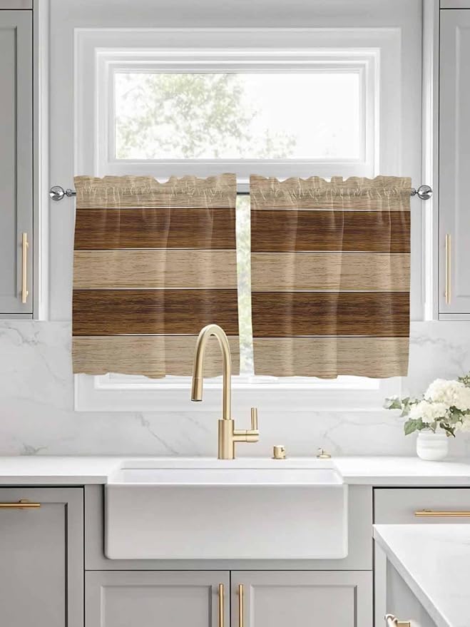 Retro Country Brown Wooden Board Window Valance Curtains, Farmhouse Gradient Plank Light Filtering Kitchen Valance with 3-inch Rod Pocket for Living Room Bathroom Bedroom,2 Panel,27.5x36In