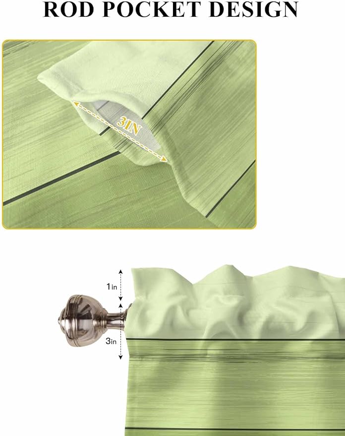 Gradient Green Wooden Board Window Valance Curtains, Retro Country Wood Grain Light Filtering Kitchen Valance with 3-inch Rod Pocket for Living Room Bathroom Bedroom,2 Panel,42x45In
