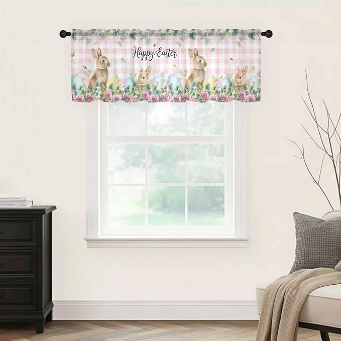 Easter Sheer Valances for Windows 42"x12", Light Filtering Kitchen Curtains Valance, Spring Watercolor Bunny Eggs Flower Leaf Pink Plaid Rod Pocket Chiffon Curtains for Living Room Bedroom Cafe