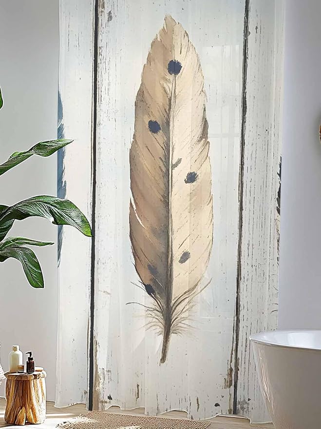 Sheer Curtains 108 Inches Long, Farmhouse Feather Semi Sheer Curtains Light Filtering Window Treatment, Watercolor Vintage Wooden Grain Privacy Voile Drapes for Living Room Bedroom 52x108 Inch