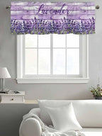 Kitchen Valances for Window, Retro Lavender on Farm Wood Grain Light Filtering Rod Pocket Valance Curtain, Watercolor Purple Flowers Short Curtains Window Topper for Bedroom Living Room 42x12in