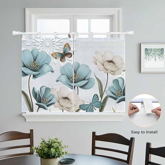 Blue Tulips Bedroom Curtains 63 Inch Length, Window Curtains Tab Top, Watercolor Flowers Butterfly Spring Farmhouse Blue Light Filtering Window Treatments Drapes 42"x63" 2 Panel