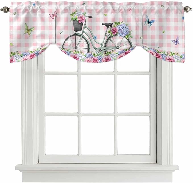 Spring Tie Up Valance Curtains for Windows, Kitchen Curtains Window Shades, Bicycles Leaves Butterfly Flowers Pink Buffalo Plaid Light Filtering Curtain Valances for Bedroom/Bathroom/Cafe 54"x18"