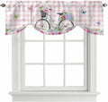 Spring Tie Up Valance Curtains for Windows, Kitchen Curtains Window Shades, Bicycles Leaves Butterfly Flowers Pink Buffalo Plaid Light Filtering Curtain Valances for Bedroom/Bathroom/Cafe 60"x18"