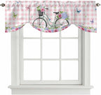 Spring Tie Up Valance Curtains for Windows, Kitchen Curtains Window Shades, Bicycles Leaves Butterfly Flowers Pink Buffalo Plaid Light Filtering Curtain Valances for Bedroom/Bathroom/Cafe 60"x18"