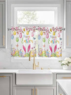 Happy Easter Half Window Curtains 24 Inches Long, Spring Watercolor Bunny Eggs Flower Branch Window Treatment Curtain Drapes, Short Curtains Tiers for Kitchen Over Sink, 27.5"x24", 2 Panels