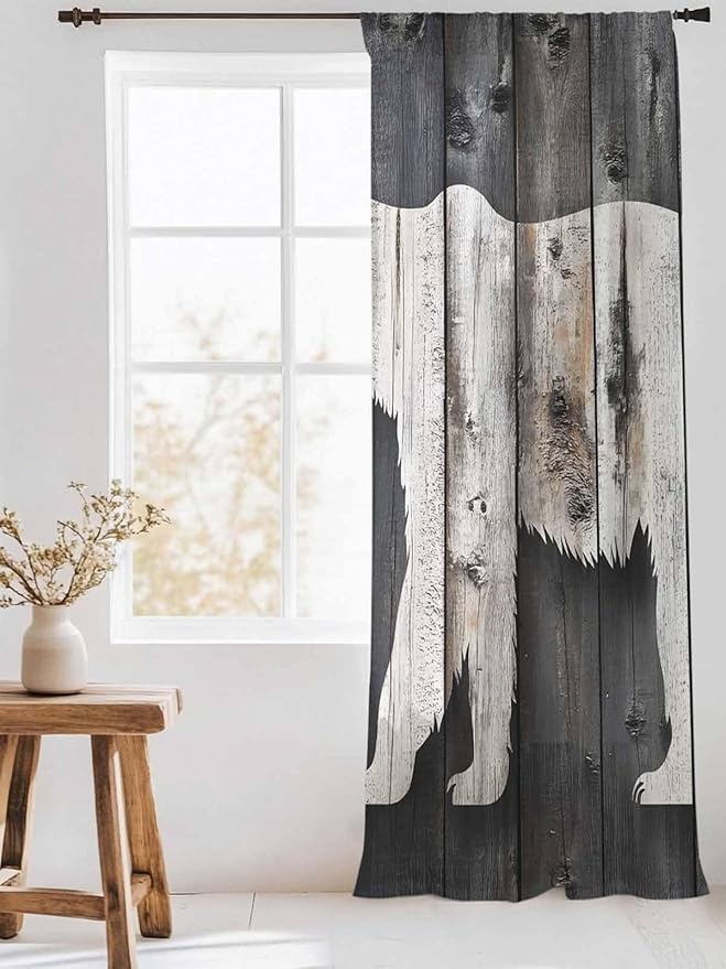 Sheer Curtains 108 Inches Long, White Brown Bear Semi Sheer Curtains Light Filtering Window Treatment, Farmhouse Country Vintage Wood Grain Privacy Voile Drapes for Living Room Bedroom 52x108 Inch