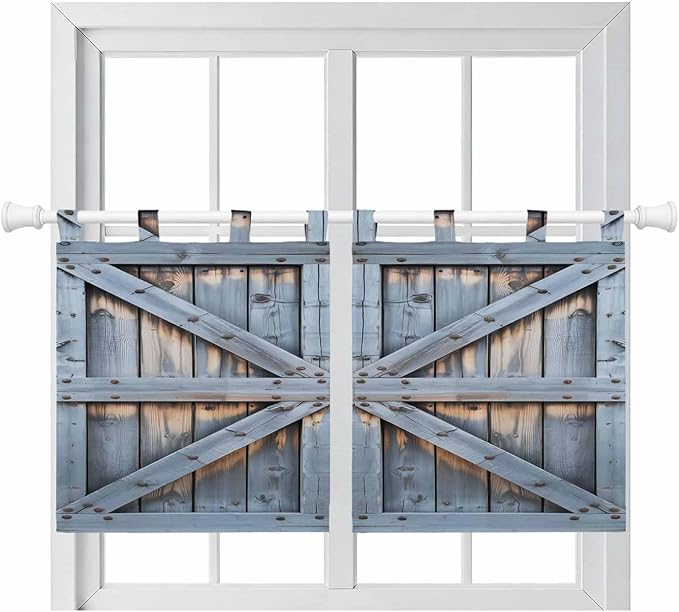 Farmhouse Wood Grain Kitchen Curtains 24 Inch Length, Small Window Curtains Tab Top, Vintage Country Barn Gate Textured Light Filtering Short Window Treatments Tier Drapes 27.5"x24" 2 Panel