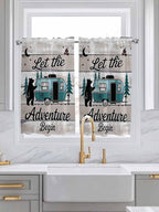 Farmhouse Bear Camper Van Tree Window Valance Curtains, Vintage Wood Grain Light Filtering Kitchen Valance with 3-inch Rod Pocket for Living Room Bathroom Bedroom,2 Panel,42x54In