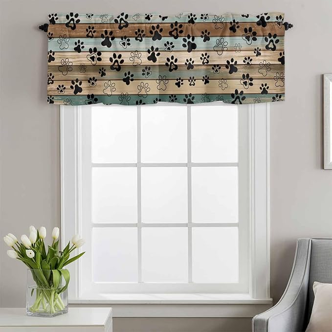 Dog Paws Valances for Windows, Teal Brown Wood Grain Kitchen Valance Light Filtering Rod Pocket Short Curtains for Kitchen Bathroom, 1 Panel, 56"x16"