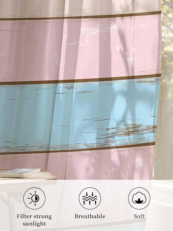 Sheer Curtains 45 Inch Length, Pink Blue Wood Grain Semi Sheer Curtains Light Filtering Window Treatment, Farmhouse Country Shabby Striped Privacy Voile Drapes for Living Room Bedroom 52x45 Inch