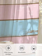 Sheer Curtains 45 Inch Length, Pink Blue Wood Grain Semi Sheer Curtains Light Filtering Window Treatment, Farmhouse Country Shabby Striped Privacy Voile Drapes for Living Room Bedroom 52x45 Inch