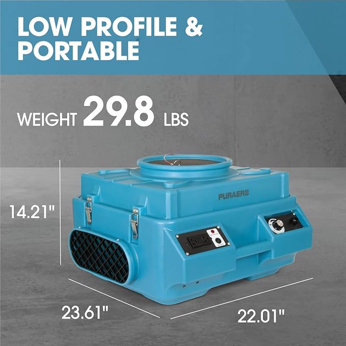 HEPA Air Scrubber with GFCI Outlets for Daisy Chain | 1/4 HP, 675 CFM, 2.2A | Water Damage Restoration, Grow Rooms | PA-600-HAS | Blue