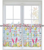 Happy Easter Half Window Curtain 36 Inches Long, Spring Watercolor Bunny Eggs Flower Blue Plaid Window Treatment Curtain Drapes, Small Tier Curtains for Bathroom Over Sink, 27.5"x36", 2 Panels