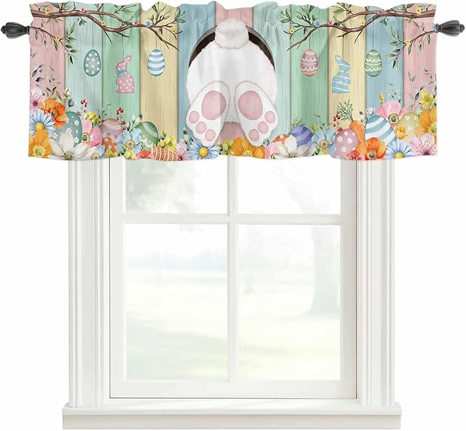 Easter Curtain Valances for Windows, Kitchen Valance Window Treatment, Spring Colorful Bunny Eggs Flower Wood Grain Light Filtering Block Curtains for Bathroom/Bedroom/Living Room 42'' x 12''