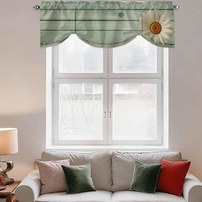 Daisy Flower Tie Up Valance Curtains for Windows, Kitchen Curtains Window Shades, Modern Art Floral Farmhouse Teal Wooden Grain Light Filtering Roman Curtain Valances for Bedroom/Bathroom/Cafe 54"x18"