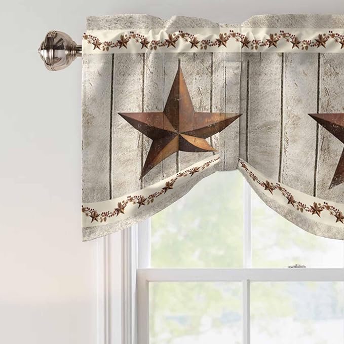 Western Texas Star Retro Tie Up Valance Curtains for Windows, Kitchen Curtains Window Shades, Country Farmhouse Gray Wood Grain Light Filtering Roman Curtain Valances for Bedroom/Bathroom/Cafe 42"x12"