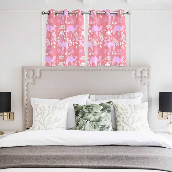 2 Panel Kitchen Cafe Curtains, Desert Camel Sunlight Filtering Nature Air Through, Window Decor Tier Curtains for Living Room 104W x 52L inch Vintage Sand Camel Leaves Flower Pattern Pink