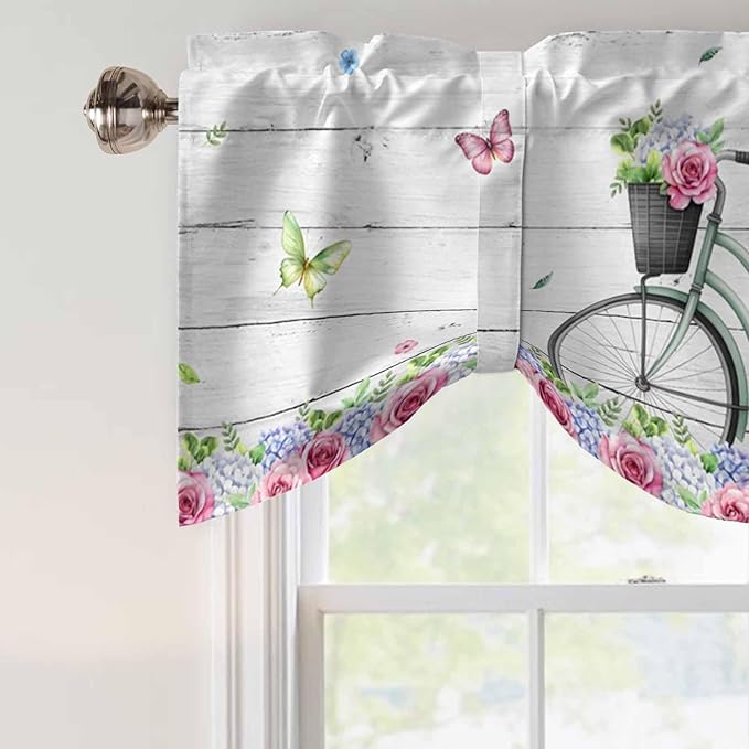 Spring Tie Up Valance Curtains for Windows, Kitchen Curtains Window Shades, Bicycles Botanical Rose Leaves Butterfly Wood Grain Light Filtering Roman Curtain Valances for Bedroom/Bathroom/Cafe 42"x18"