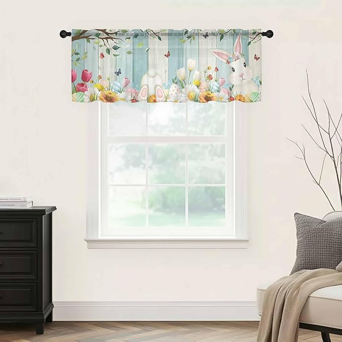 Easter Sheer Valances for Windows 60"x18", Light Filtering Kitchen Curtains Valance, Spring Watercolor Bunny Eggs Tulip Wooden Grain Rod Pocket Chiffon Curtains for Living Room Bedroom Cafe