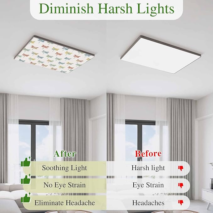 Fluorescent Light Covers for Ceiling Lights Watercolor Dragonfly Magnetic Light Filters 3 Pack 4x2 ft Colorful Linen Ceiling Lights Cover for Classroom Office School Home Drop Lamp Decor